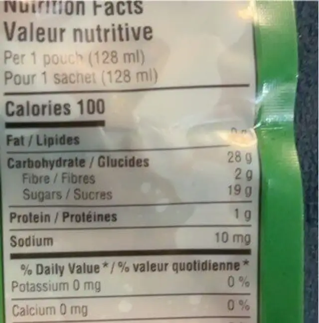 Organic puree nutrition facts table