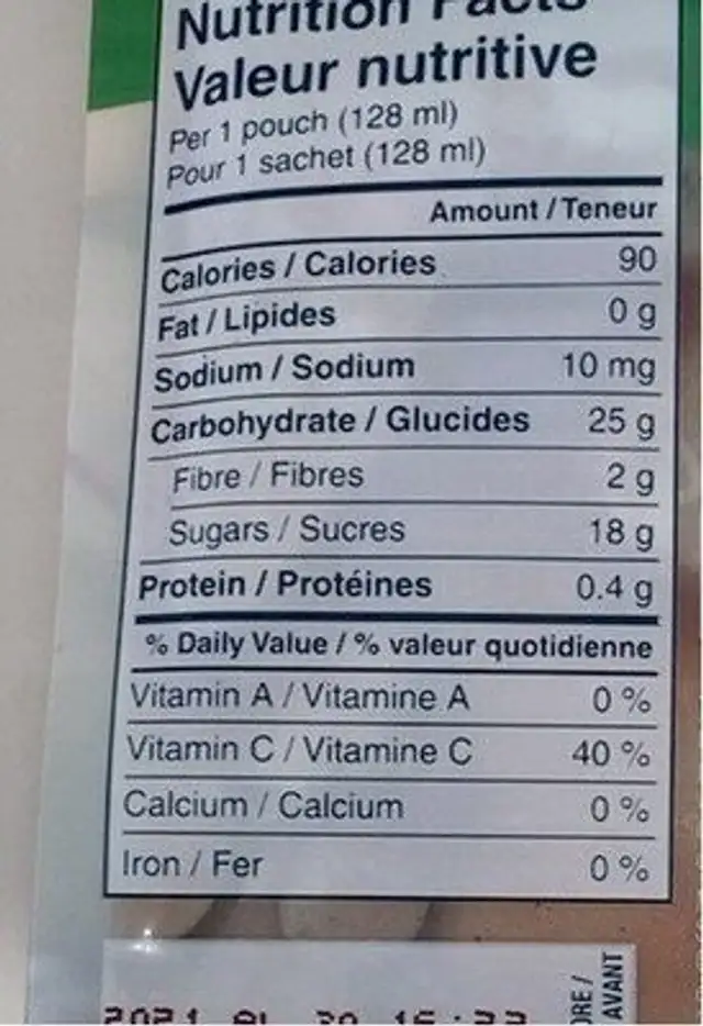 Organic Puree nutrition facts table