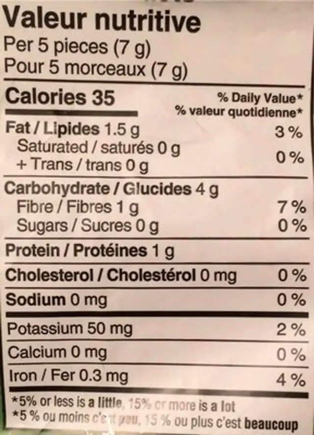Croustilles de quinoa nutrition facts table