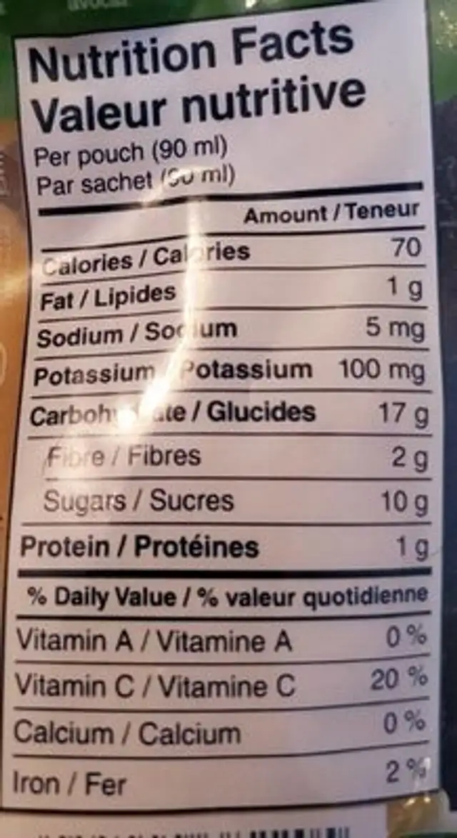 Purée biologique Banane Mangue Avocat Vanille nutrition facts table