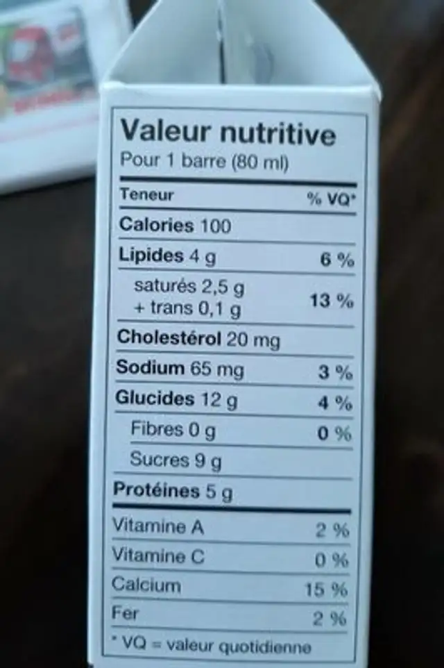 barre de dessert glacée nutrition facts table
