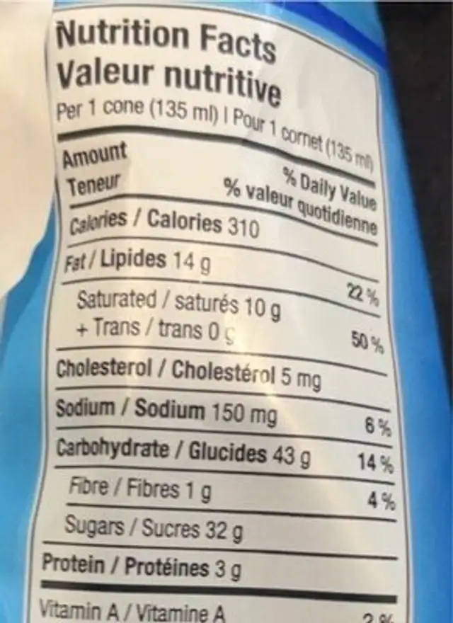 Cornet de dessert glacé nutrition facts table