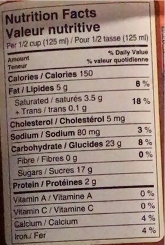 Turtles dessert glace nutrition facts table