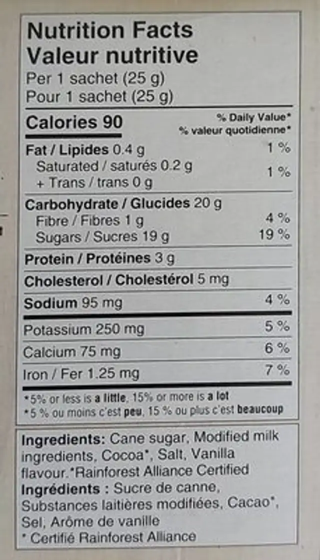 Simplement chocolat chaud nutrition facts table