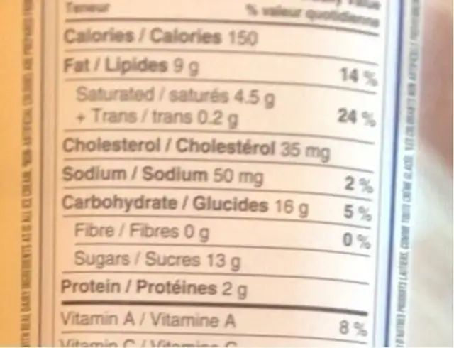 Erable et noix nutrition facts table