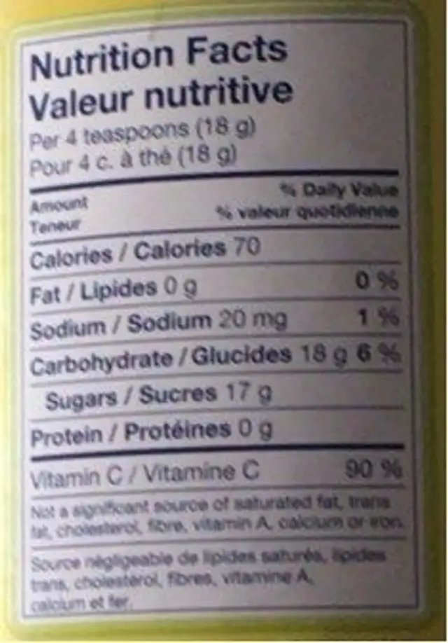 Limonade nutrition facts table