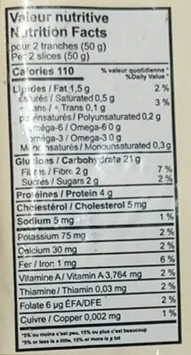 Pain de blé entier nutrition facts table
