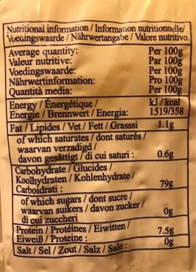 Nouilles de riz nutrition facts table