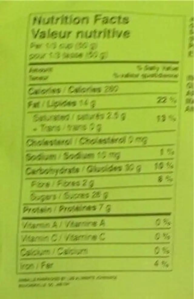 Arachides sucrée nutrition facts table