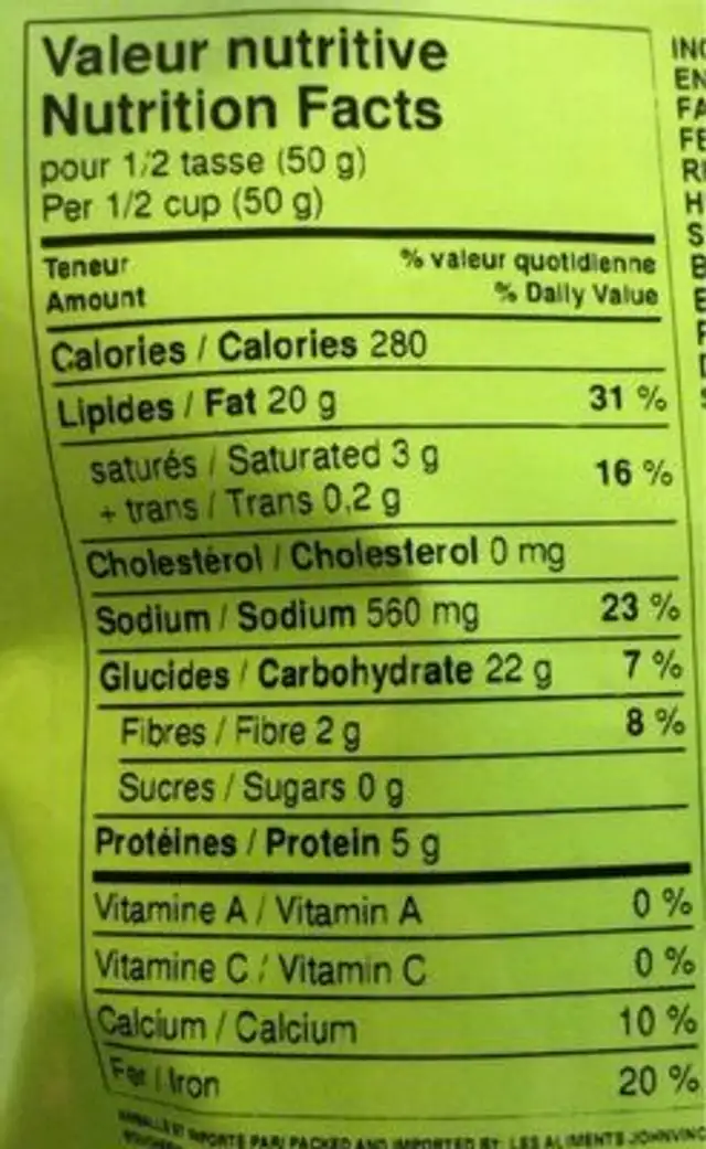 Bâtons sésame son d’avoine nutrition facts table