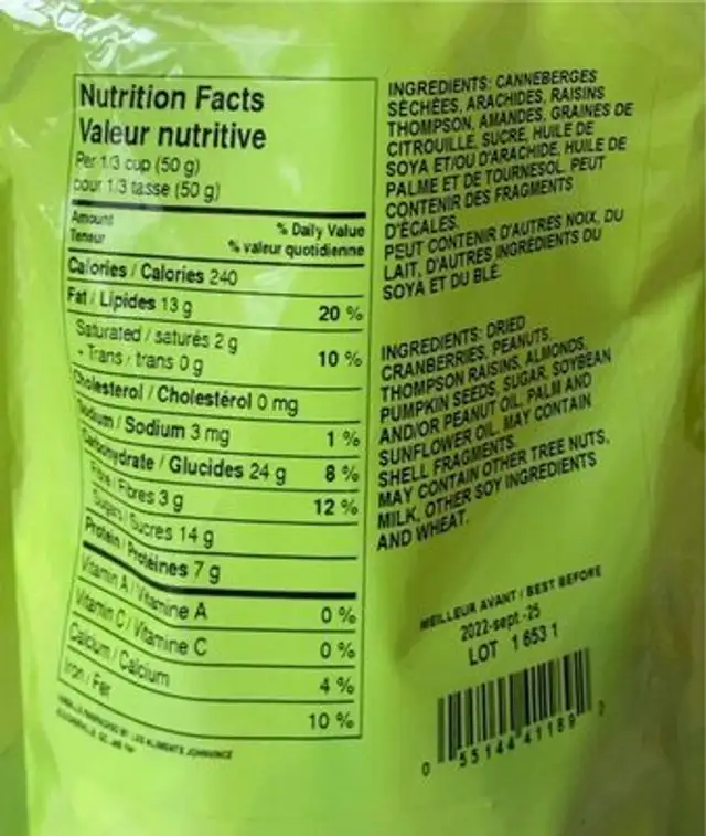 Mélange sportif aux canneberges nutrition facts table