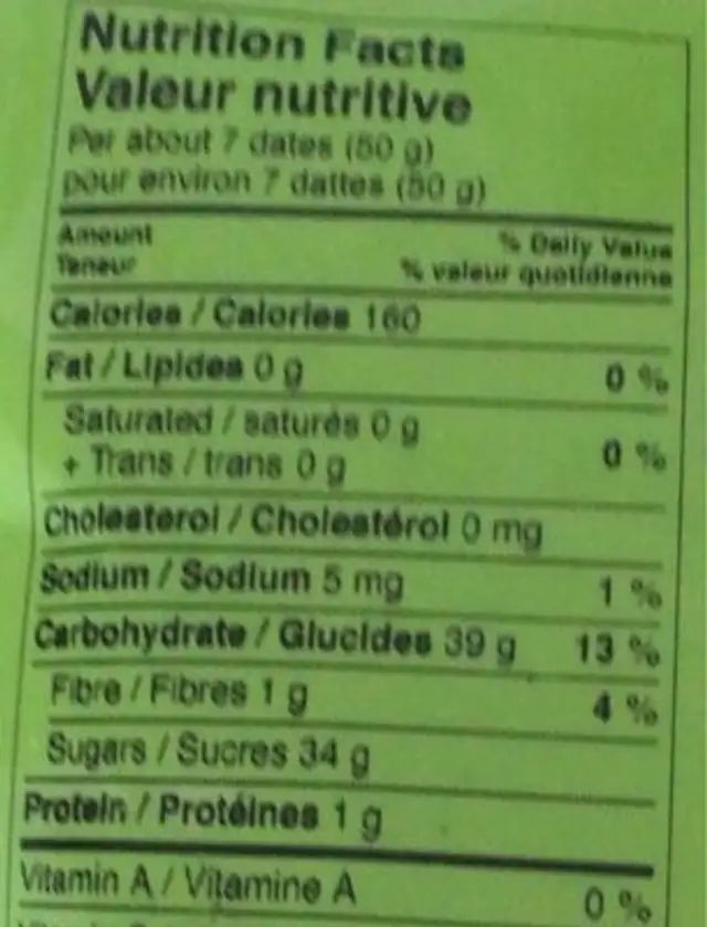 Dattes denoyautés nutrition facts table