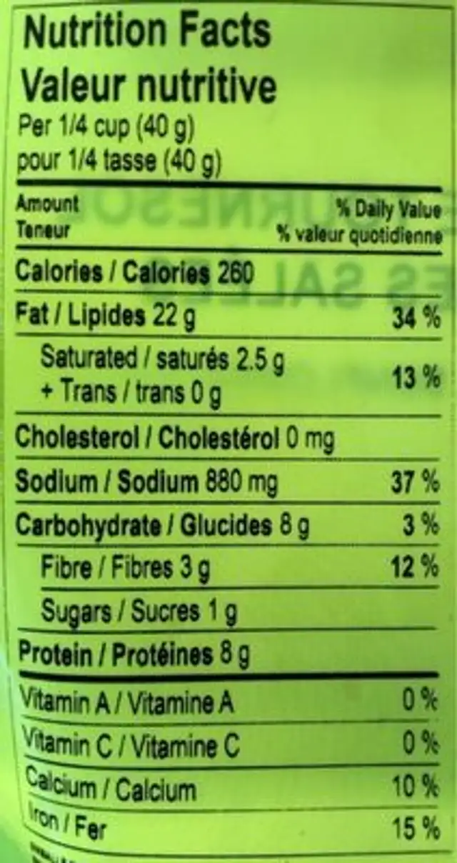Graines de tournesol en écales salées nutrition facts table