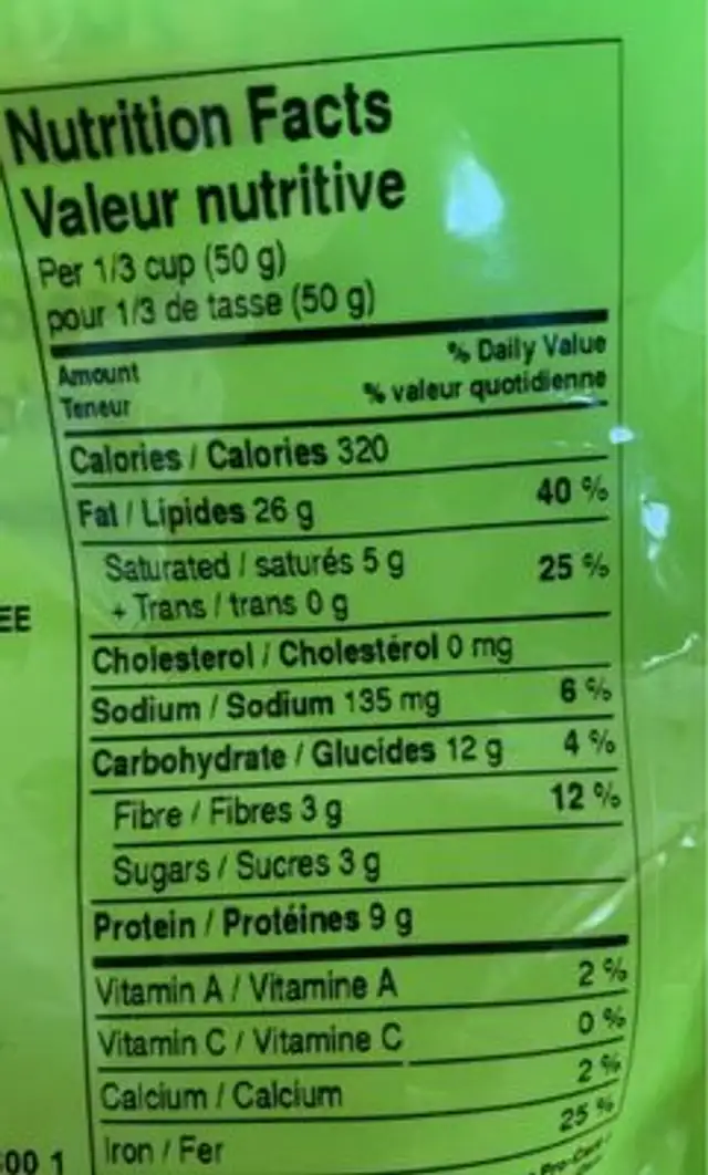 Noix de cajou rôties salées nutrition facts table