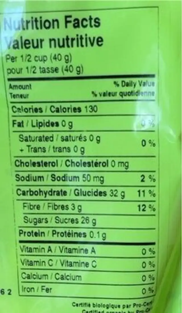 Anneaux de pommes biologique nutrition facts table