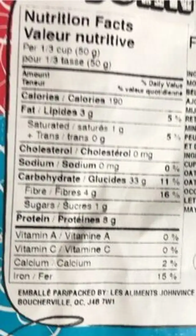 Flocons d'avoine rapides nutrition facts table