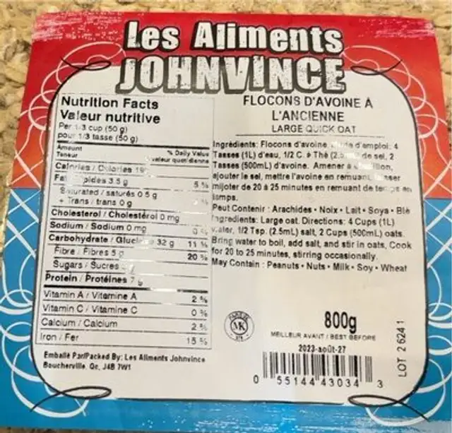 Flocons d’avoine à l’ancienne nutrition facts table