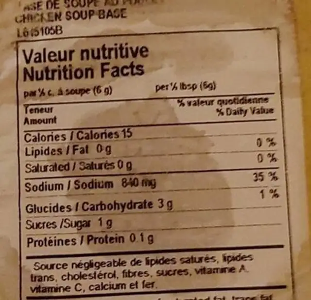 Base de soupe au poulet nutrition facts table