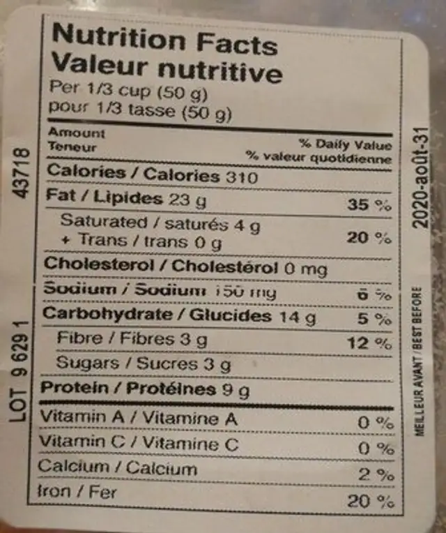 Noix de cajou salées nutrition facts table