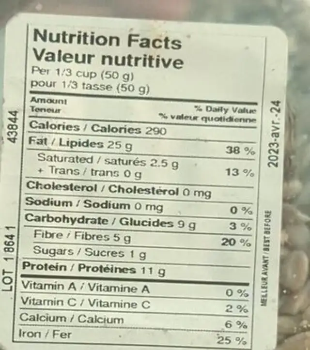 Graines de tournesol crues nutrition facts table
