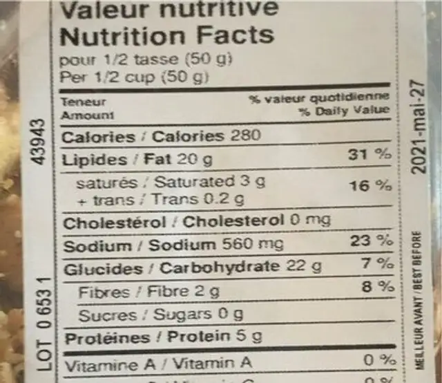 Bâtons sésame son d’avoine nutrition facts table