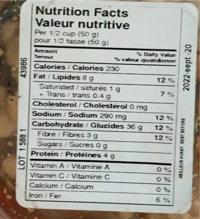 Mais roti salés nutrition facts table