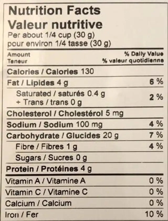 Nouilles Chinoises nutrition facts table