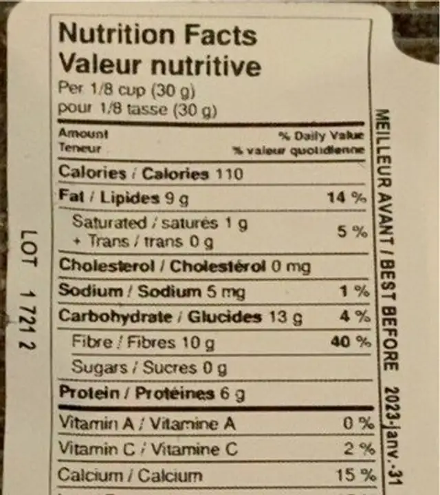 Graines de Chia nutrition facts table