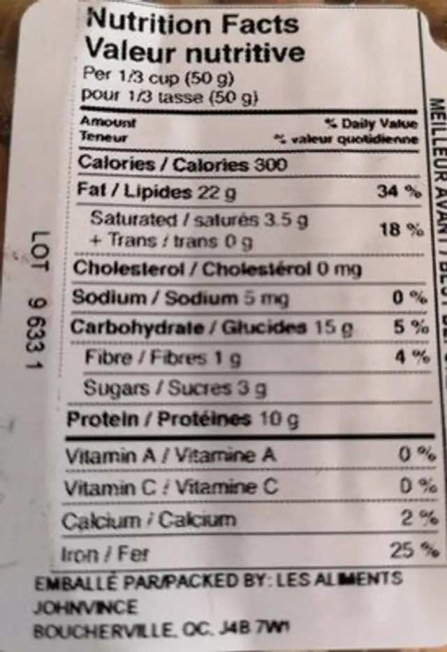 Noix de cajou non salées nutrition facts table