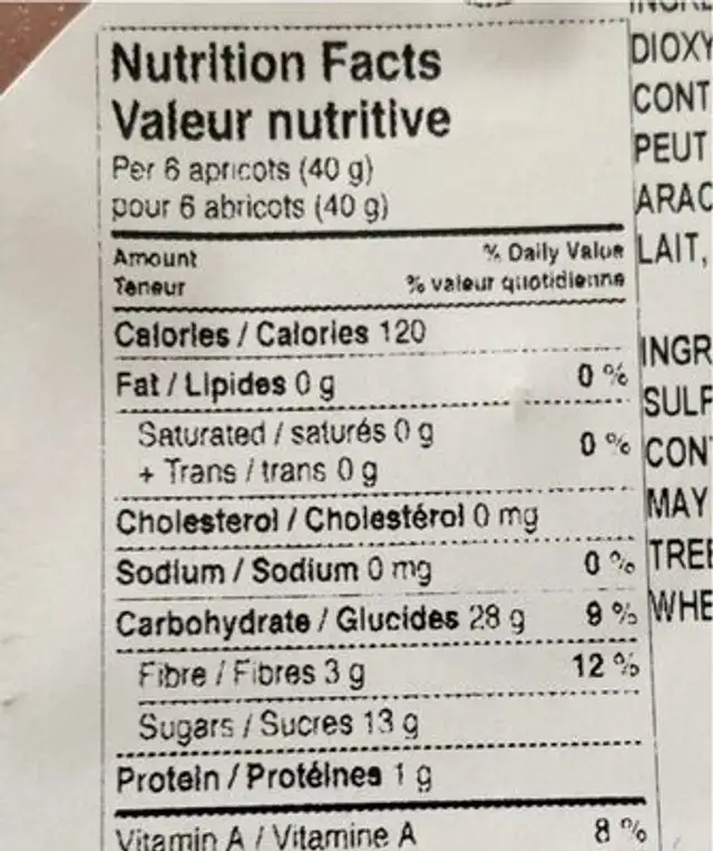Abricots nutrition facts table