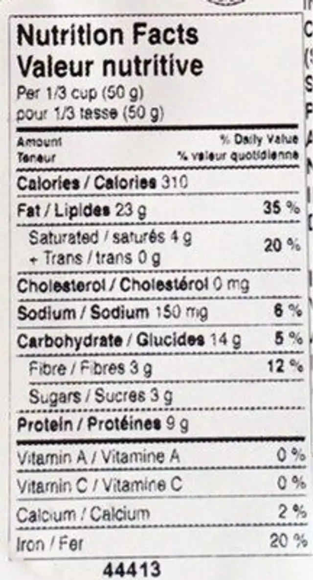 Cajou salées nutrition facts table