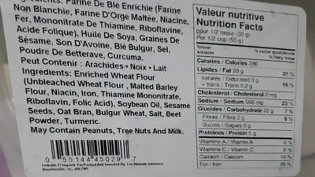bâtons de sésame son et avoine nutrition facts table