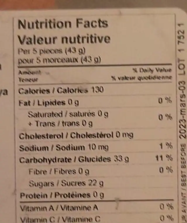 Tranches de fruits nutrition facts table