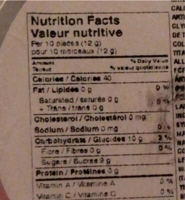 Gommes super surettes nutrition facts table