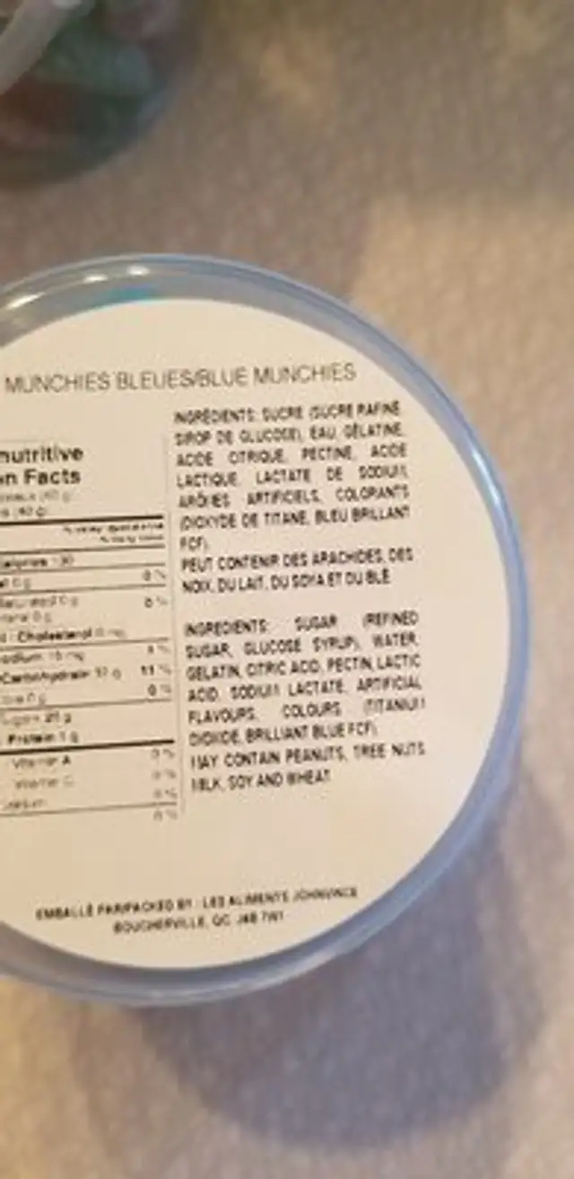 Munchies bleues ingredients label