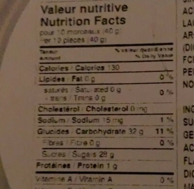 Munchies bleues nutrition facts table