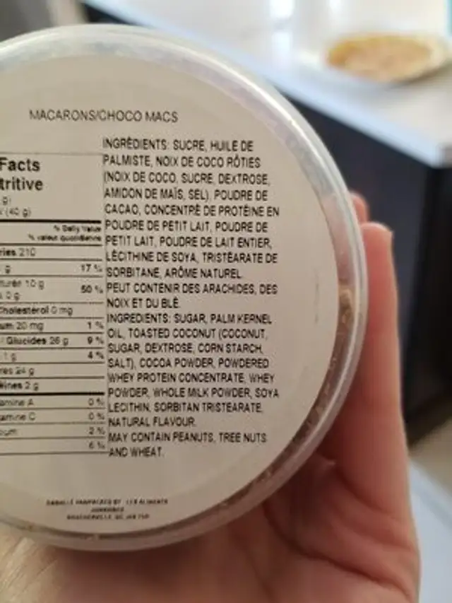Choco macs ingredients label