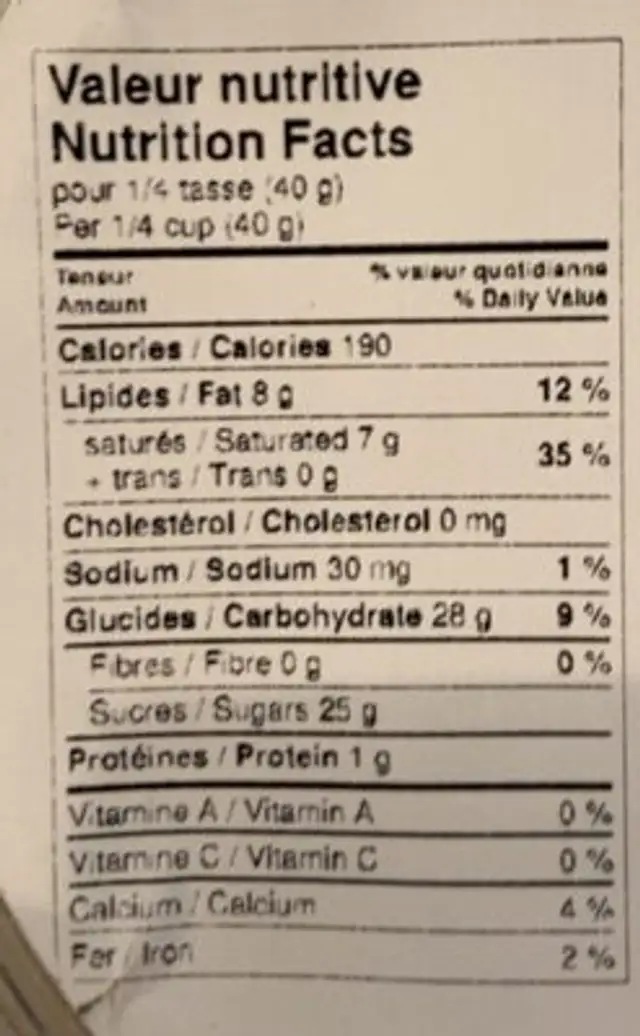 Raisins au yogourt nutrition facts table