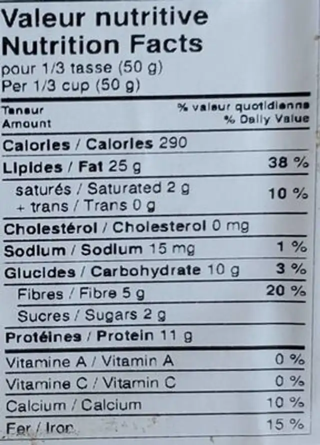 Amandes nutrition facts table