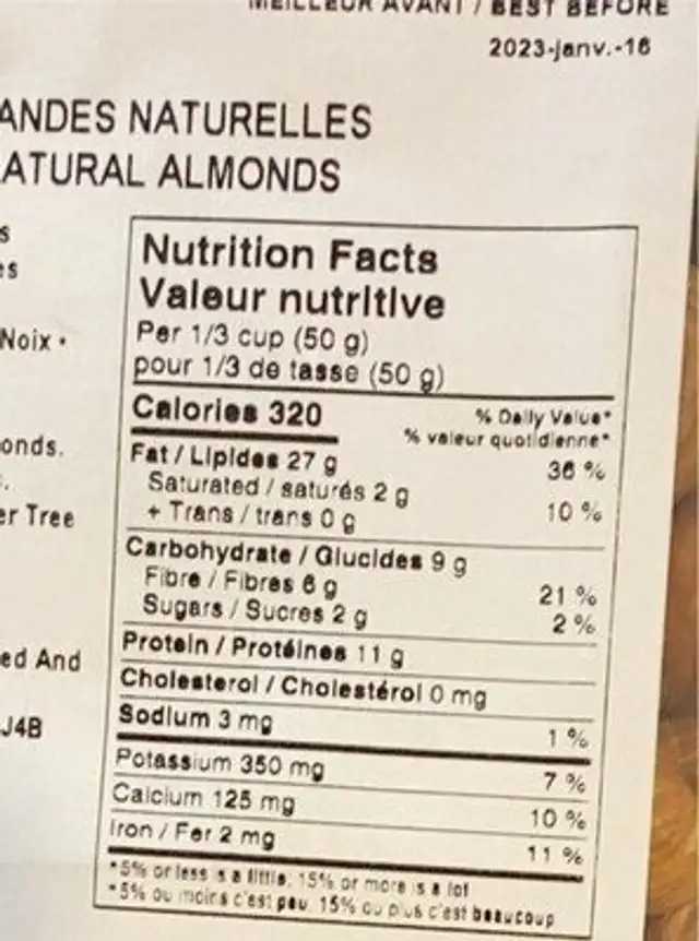 Amandes nutrition facts table