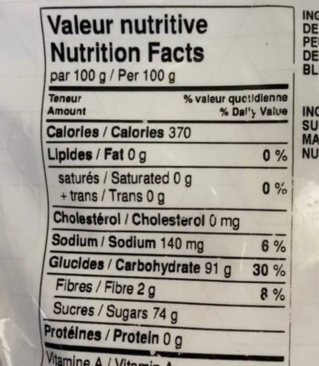 Gingembres cristalisés nutrition facts table