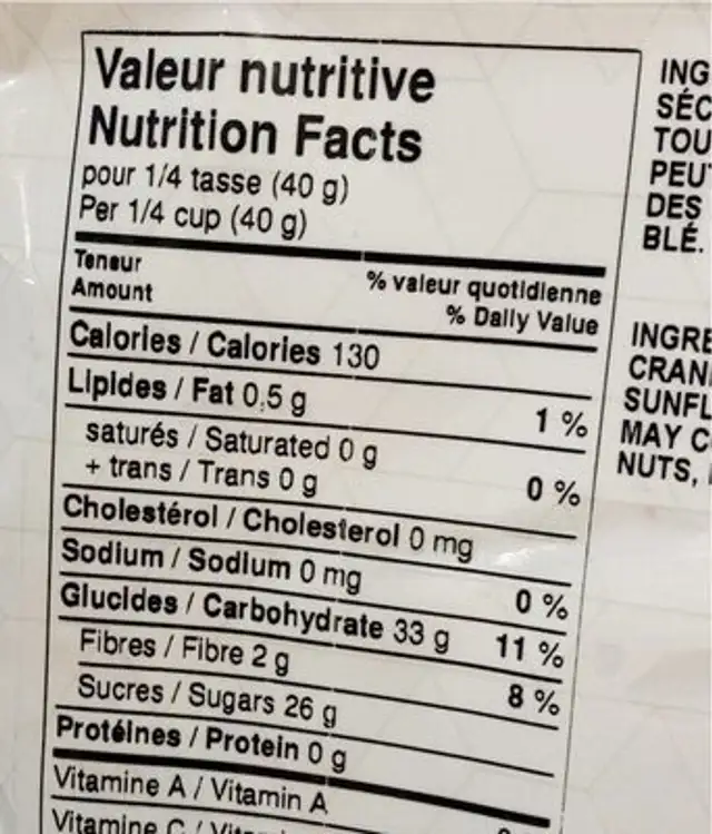 Canneberges séchées nutrition facts table