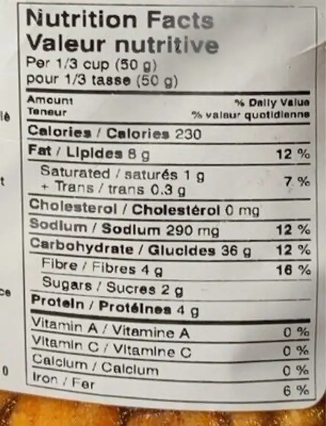 Mais Rotis Barbecue nutrition facts table