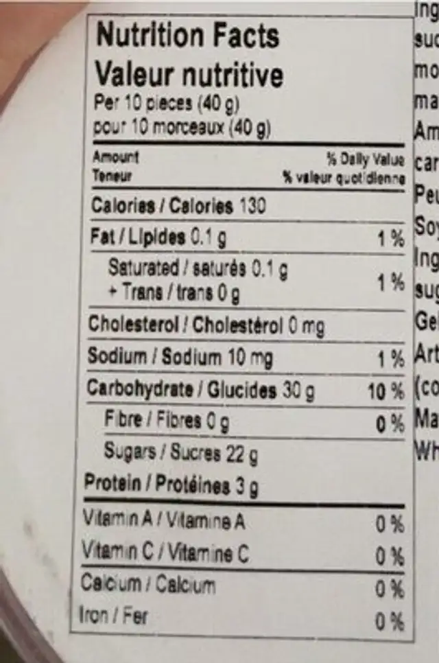 Munchies aux fraises nutrition facts table