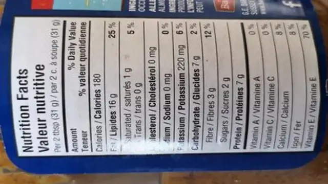Beurre d'amande nutrition facts table