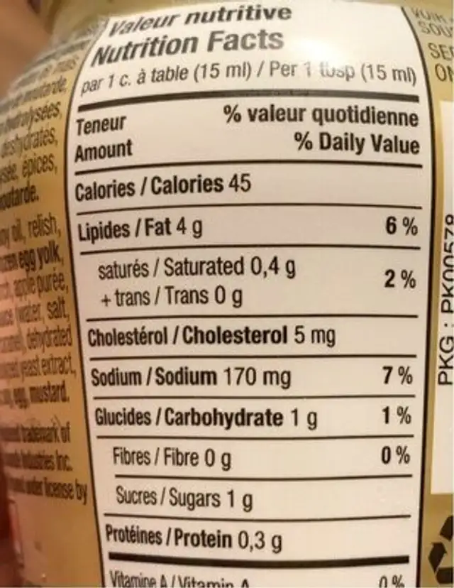 Chinoise nutrition facts table