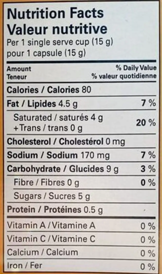 Caramel Cappuccino nutrition facts table