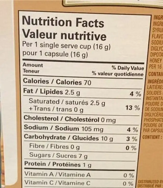 Chai latte nutrition facts table