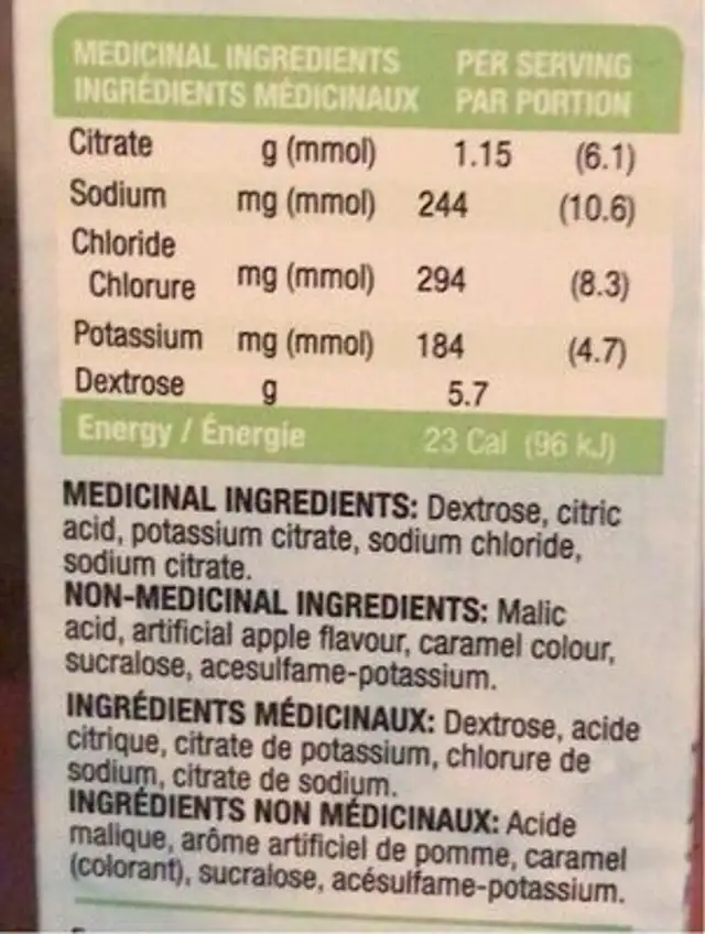 Pedialyte nutrition facts table