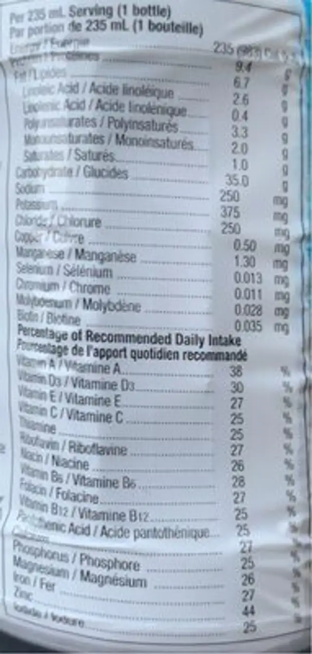 Ensure nutrition facts table